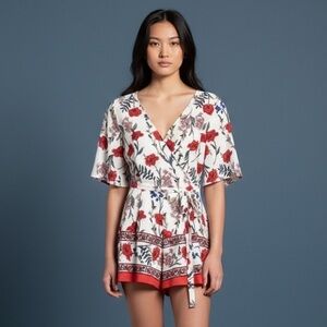 ROW A · WHITE + RED BORDER PRINT FAUX WRAP ROMPER - SIZE MEDIUM